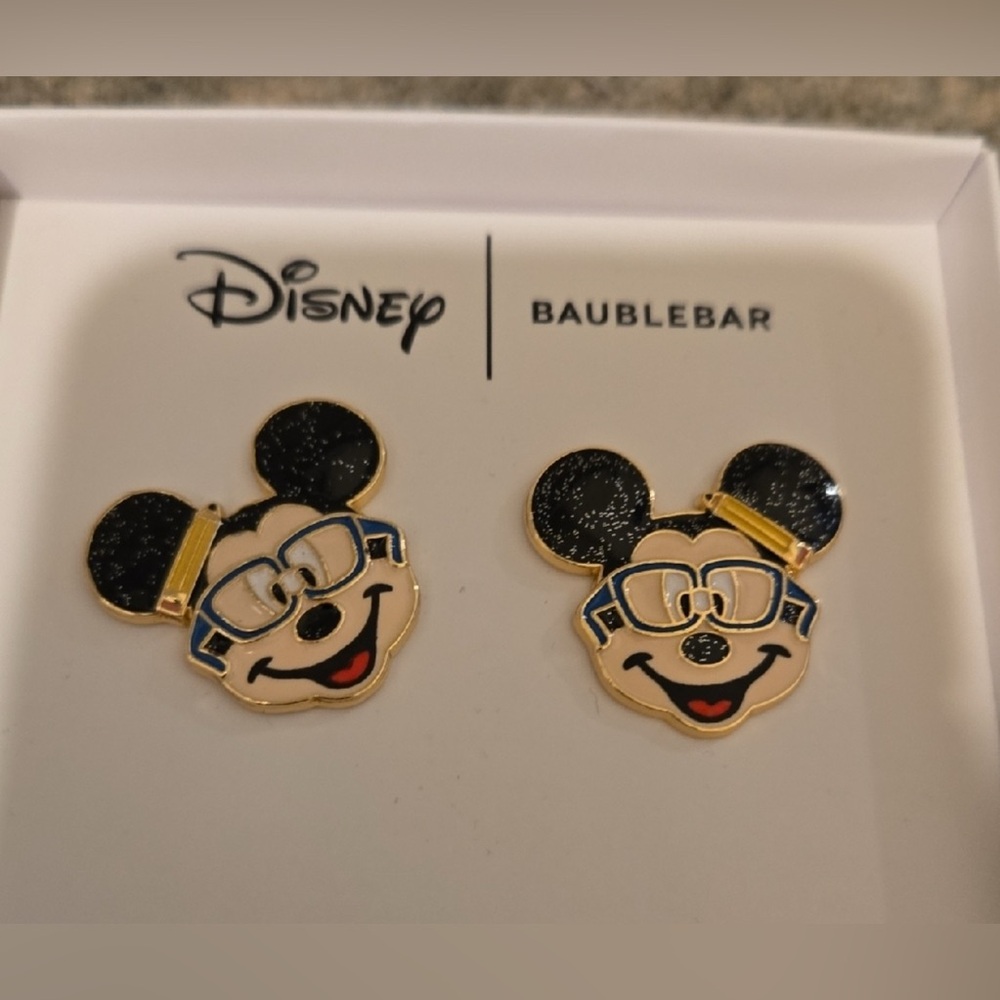 BaubleBar Black and Gold Mickey Mouse Stud Earrings Jewelry Nwot - Picture 2 of 2